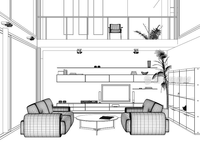 室内设计现代客厅在黑色的线在白色的背景，矢量插图。客厅内部。线条式家具:沙发、书架、电视架、花盆。前视图。3 d。